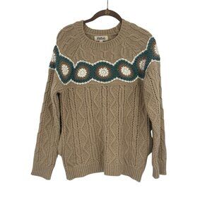 Listicle Sweater Women's Small Tan Chunky Cable Knit Crochet Embroidery Pockets